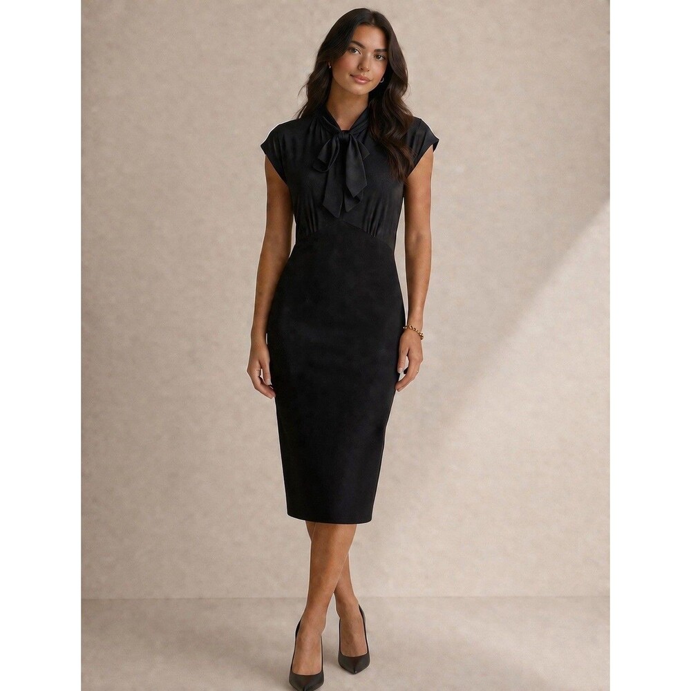 Max Mara Necktie Sheath Dress Black Cap Sleeves Size 4 Silk Blend